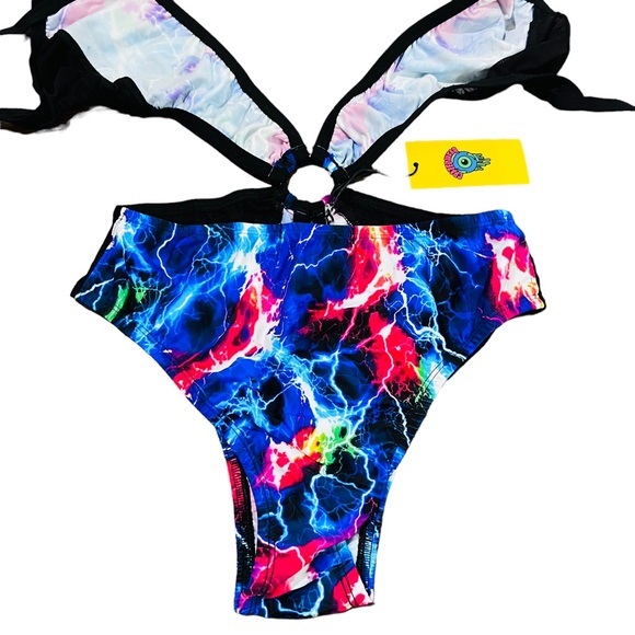 CrazedWear Sol Rainbow Electric Lightning Mesh Plunge Neck O-Ring Rave Bodysuit - Picture 7 of 10